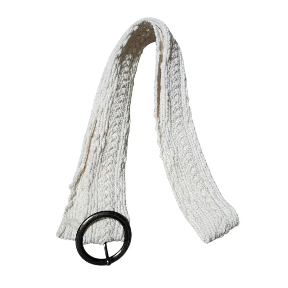 Boutique Cream Woven Braided Cloth Belt Size 14 Circle Buckle 42 Inch Boho White